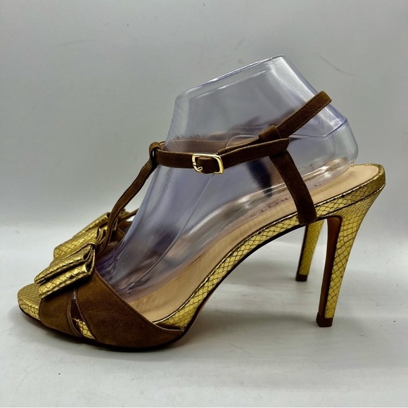 Talbots Gold Embossed Leather Tan Suede Open Toe Bow Accent Heeled Sandals 9.5B - Picture 2 of 12
